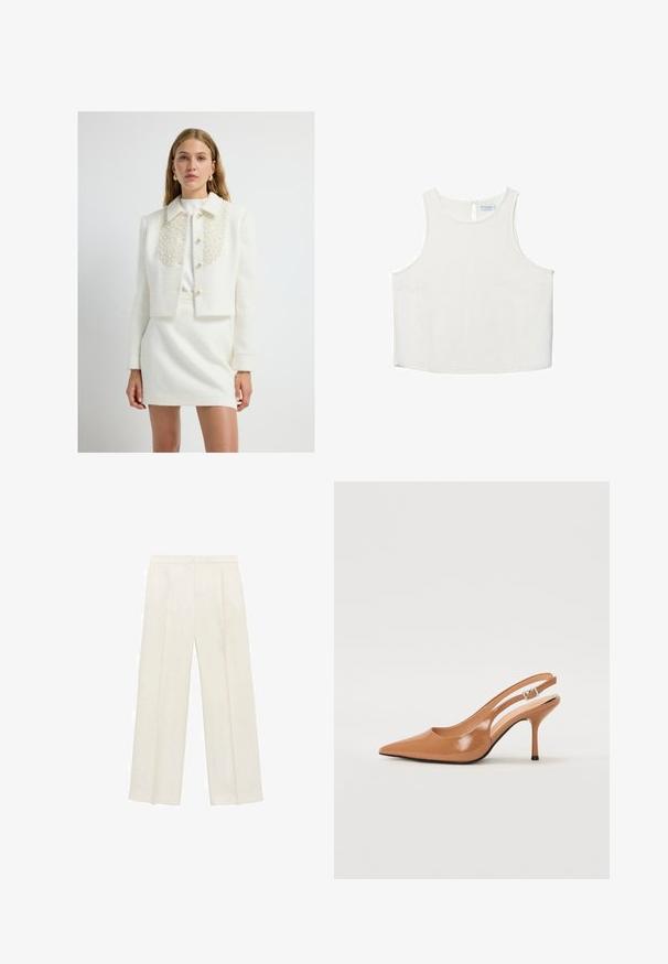 Afskåret hvid boucle-jakke med perlebesat krave, der har knaplukning foran og strukturerede skuldre, matchet med en tilhørende nederdel.; Hvid ærmeløs top med rund halsudskæring, der har en subtil tekstur, nøglehulsbagdetalje og lige kant.; Bredbenede bukser i en lys cremefarve. Fremstillet af et glat stof med plisseringer foran og sidelommer.; Spids tå slingback hæl i et glat, blankt tan materiale. Har et buet udskæring design og en slank stiletto hæl. Sølv spænde detalje.