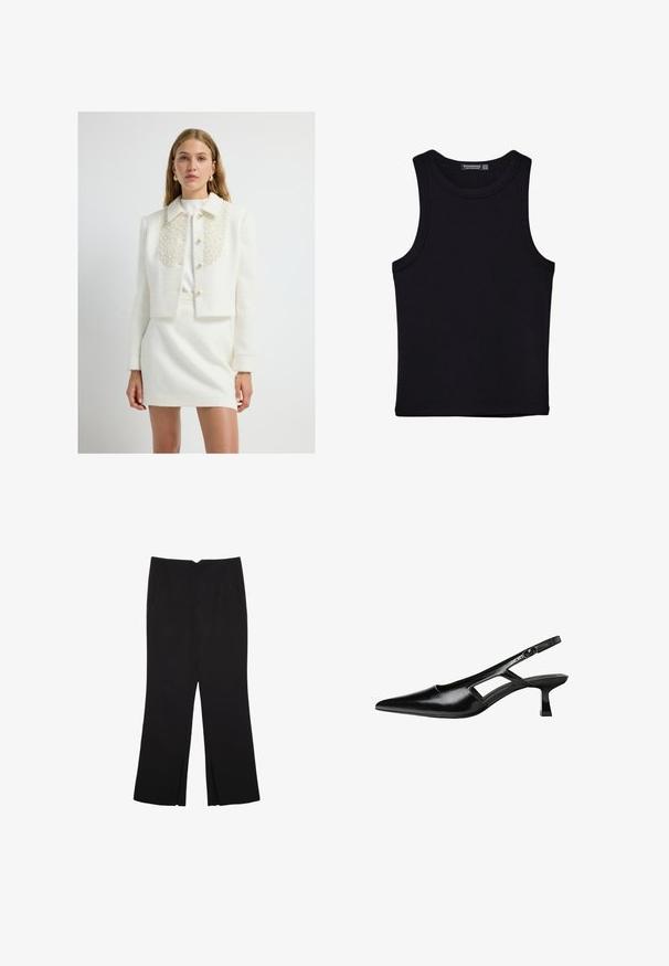Veste blanche en bouclé coupée avec un col orné de perles, dotée d'une fermeture à boutons et d'épaules structurées, assortie d'une jupe coordonnée.; Débardeur noir en coton, avec un col rond et des emmanchures larges. Texture lisse avec des ourlets cousus. Design classique et minimaliste.; Pantalon noir avec une coupe droite, doté de poches avant et d'éclairs sur l'ourlet. Fabriqué en tissu doux et lisse. Convient à diverses occasions.; Escarpins slingback en cuir verni noir avec un bout pointu, un design découpé sur les côtés et un petit talon carré. Texture lisse avec des accents minimaux.