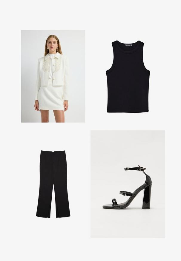 Korte witte bouclé jas met parelversierde kraag, voorzien van een knoopsluiting en gestructureerde schouders, gecombineerd met een bijpassende rok.; Zwarte tanktop gemaakt van katoen, met een ronde halslijn en brede armopeningen. Gladde textuur met gestikte zomen. Klassiek, minimalistisch ontwerp.; Zwarte broek met een rechte pasvorm, voorzien van zijzakken en plooien aan de onderzijde. Gemaakt van zachte, gladde stof. Geschikt voor verschillende gelegenheden.; Zwarte gepatenteerde sandalen met hak en een vierkante neus, enkelbandjes en zilveren gespen. Heeft een stevige blokhak voor stabiliteit.