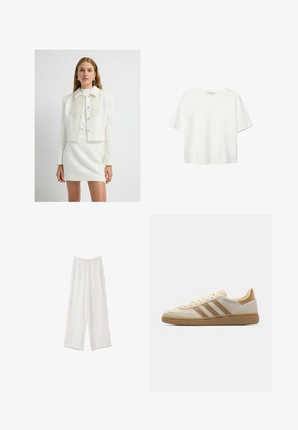 Kürzeste weiße Bouclé-Jacke mit einem kragen, der mit Perlen verziert ist, mit einer Knopfleiste vorne und strukturierten Schultern, kombiniert mit einem passenden Rock.; Weißes T-Shirt mit kurzen Ärmeln aus Baumwolle. Hat einen Rundhalsausschnitt und eine lockere Passform. Glatte Textur ohne sichtbare Muster oder Akzente.; Weiße weit geschnittene Hose aus leichtem Stoff. Mit einem elastischen Bund und Kordelzug sowie Seitentaschen. Glatte Textur.; Beige Wildledersneaker mit hellbraunen Akzenten. Verfügt über drei braune Streifen, eine strukturierte Gummisohle und ein rundes Zehendesign.