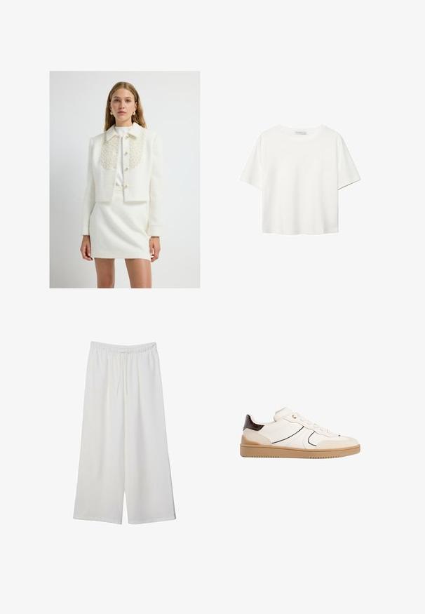 Cropped white boucle jacket with pearl-embellished collar, featuring a button-up front and structured shoulders, paired with a matching skirt.; White short-sleeve t-shirt made of cotton. Features a crew neckline and a relaxed fit. Smooth texture with no visible patterns or accents.; White wide-leg trousers made of lightweight fabric, featuring an elastic waistband and a drawstring for adjustable fit. Smooth texture.; Stradivarius Trainers - white