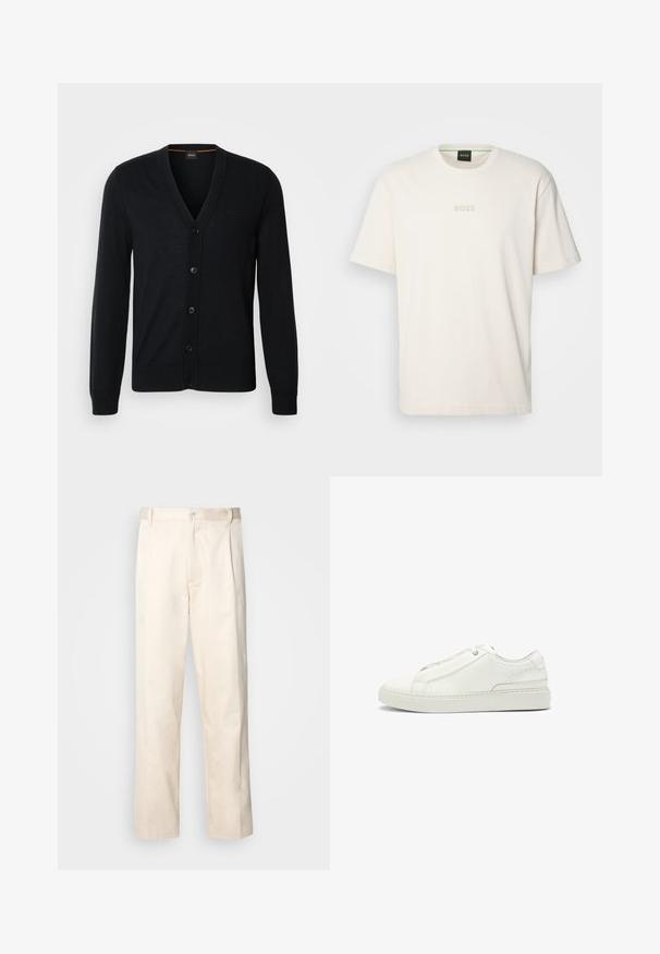Black knitted cardigan featuring a V-neck, button closure, and ribbed cuffs and hem. Subtle logo detail on the chest.; BOSS TEE - Basic T-shirt - open white; Beige cotton trousers with a straight-leg cut, featuring a button closure and pleats at the front for added detail.; White leather sneaker featuring a textured upper, a round toe, minimalistic design, and a rubber sole with stitched detailing.