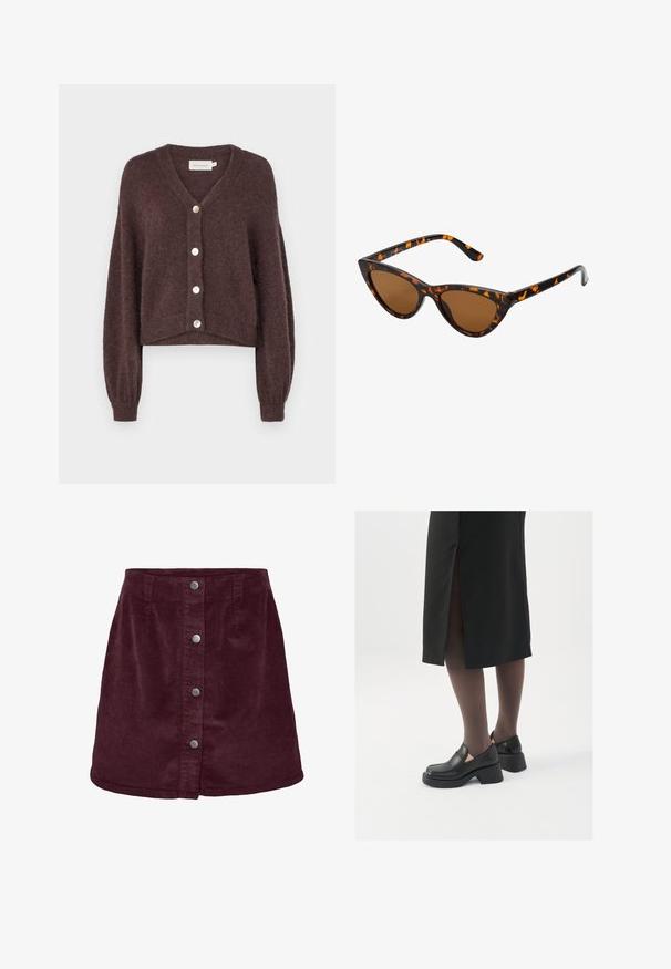MSCH Copenhagen HOPE CARDIGAN - Kardigan - raisin; Halenka s dlouhými rukávy a rolákem vyrobená z tmavě hnědé látky. Má přiléhavý střih a hladkou texturu bez viditelných vzorů nebo kovových doplňků.; Bordó korduroy mini sukně s a-line tvarem, s pěti stříbrnými knoflíky vpředu a jemnou žebrovanou texturou.; Černé kožené boty s kulatou špičkou, silným blokovým podpatkem a elastickými bočními akcenty, spárované s tmavými punčochami a černou sukní se rozparkem.; Sluneční brýle ve stylu kočičích očí s černo-oranžovým želvovinovým rámem, hnědými skly a elegantními, špičatými konci. Obsahují minimalistické logo na straně.