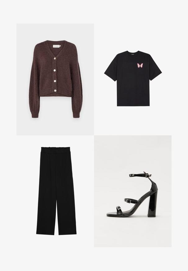 MSCH Copenhagen HOPE CARDIGAN - Kardiganas - raisin; Juodas medvilnės marškinėliai trumpomis rankovėmis, su maža rožine drugelio grafika kairėje krūtinės pusėje. Apvalus kaklo iškirpimas, laisvas kirpimas.; Juodi platūs kelnes su volaniniu juosmeniu, turinčiu dvi šonines kišenes ir glotnią, lengvą medžiagą. Nėra matomų raštų ar detalių.; Juoda blizgi lakuota basutė su kvadratiniu pirštu, kulkšnies dirželiais ir sidabro sagtimis. Yra tvirta blokinė kulno konstrukcija, užtikrinanti stabilumą.