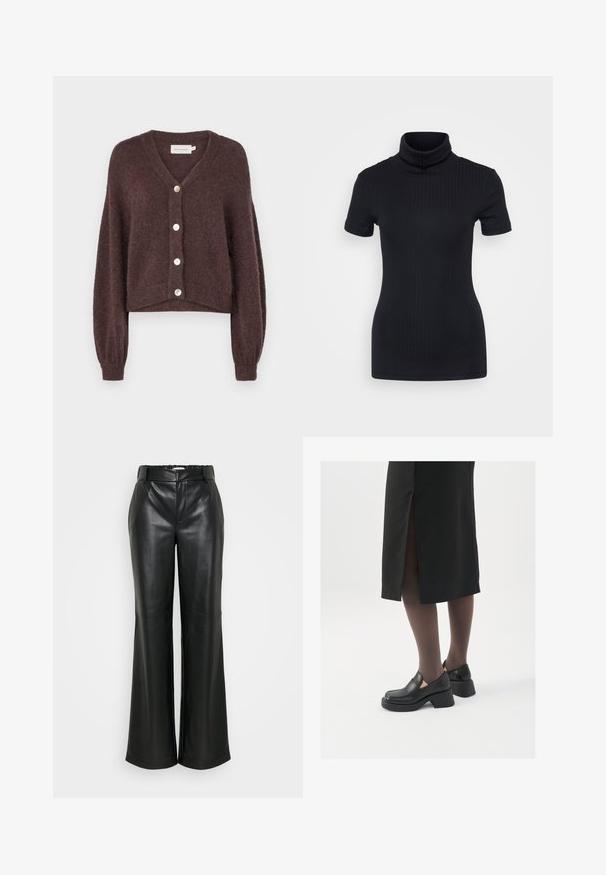 MSCH Copenhagen HOPE CARDIGAN - Casaco de malha - raisin; Top preto de gola alta, de manga curta, com um design ajustado, textura suave, costuras mínimas e uma gola alta.; ONLY Tall ONLSMOOTH WIDE - Calças - black; Sapatos de couro pretos com bico arredondado, salto bloco grosso e detalhes elásticos laterais, combinados com meias escuras e uma saia preta com uma abertura.