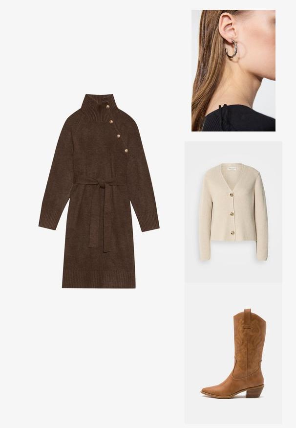 Bézs, bordás kardigán V nyakkal, három nagy arany gombbal elöl, és hosszú ujjakkal. Puha textúra és rövidített fazon.; Barna kötött ruha, magas bordás gallérral, oldalsó gombokkal és egy hozzáillő anyagból készült övvel. A bordás mandzsetták és az alsó szegély textúrát adnak.; Barna bőr cowboy csizma hegyes orral, hímzett örvény mintákkal a szárán, és stílusos, réteges blokk sarokkal. Kihúzó füle segíti a könnyű felhúzást.; Ez egy ezüst fülbevaló, sima felülettel, amelyen apró arany díszítőelemek találhatók. Kerek formájú és a fülcimpán viselik.