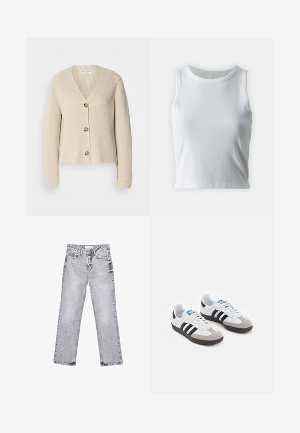 Beige žebrovaný cardigan s výstřihem do V, třemi velkými zlatými knoflíky vpředu a dlouhými rukávy. Měkká textura a zkrácený design.; Bílý žebrovaný tílko s kulatým výstřihem a bezramínkovým designem, s rovnými lemy a hladkou, elastickou strukturou.; Šedé džíny z denimu se střihy rovnými nohavicemi, s poškozenou úpravou, pěti kapsami a měděnými nýtky. Pasová část obsahuje logo štítek.; Sportovní boty s bílým koženým svrškem, šedou semišovou špičkou a třemi černými pruhy. Obsahují modré logo na jazyku a texturovanou gumovou podrážku.