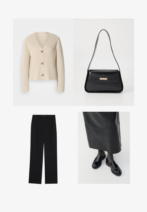 Beige, ribbed cardigan with a V-neck, three large golden buttons down the front, and long sleeves. Soft texture and cropped design.; Black sleeveless turtleneck top, made from smooth fabric. Fitted design with a high neck and a straight hem, minimalistic and solid color.; Black trousers with a straight-leg design, featuring two front pockets and a waistband. Made from a smooth, lightweight fabric.; Black leather loafers with a smooth finish, featuring a decorative strap, round toe, and textured sole. Worn with a long black leather skirt.; Black leather handbag with a structured triangular shape, slim strap, and gold-tone hardware featuring a logo plaque on the front flap.