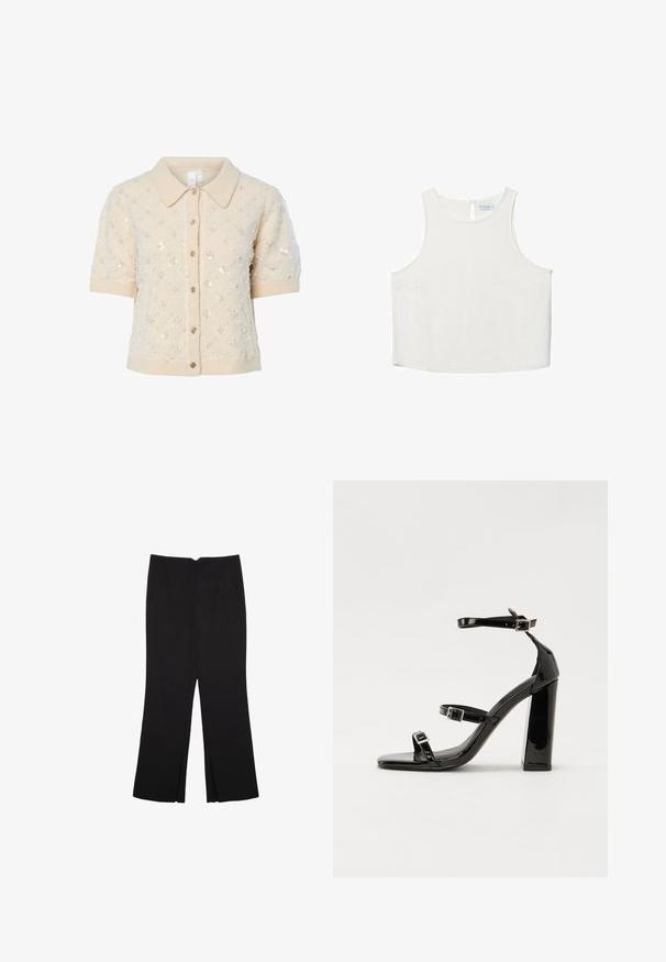 Béžový pletený kardigan s krátkými rukávy, límcem, dekorativními flitry a zapínáním na knoflíky vpředu. Detaily na žebrovaných manžetách a lemu.; Bílý bezrukávový top s kulatým výstřihem, který má jemnou texturu, detaily v oblasti zad ve tvaru klíčové dírky a rovný lem.; Černé kalhoty s rovným střihem, s předními kapsami a bočními rozparky na lemu. Vyrobené z jemné, hladké tkaniny. Vhodné na různé příležitosti.; Černé lakované sandály na vysokém podpatku se dvěma pásky se sponami, čtvercovou špičkou a robustním blokovým podpatkem, s hladkou, lesklou texturou.