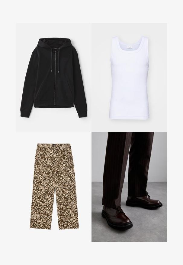 Crni dukserica na zatvaranje s patentnim zatvaračem izrađena od mekog materijala, s kapuljačom na uže, kenguruh džepovima i toniranom izvezenom logom na prsima.; Bijela pamučna bezrukavna majica s okruglim izrezom, s glatkom teksturom i prilagođenim oblikom, dizajnirana za ležerno nošenje.; YOURTURN UNISEX - Traperice opuštenog kroja - beige/black; Smeđe kožne cipele s vezicama i sjajnim finišom, crna gumena potplata i suptilno šivanje. Nosene s smešanim smešnim smeškom smešnim smeškom.