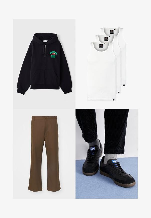 Svart zip-up hettegenser laget av myk bomull. Har frontlommer, snor i hetten og flerfarget grafikk på brystet.; Tre hvite ribbestrikkede tank topper laget av bomull. Har en rund hals og små svarte etiketter nær kanten. Tilgjengelig i flere størrelser.; Brune vide bukser laget av glatt stoff med knappelukking, har frontlommer og rette sømmer langs beina.; Sorte joggesko laget av semsket skinn og lær, med en blå logo og brun gummisåle. Paret med grå sokker og kordfløylebukser.
