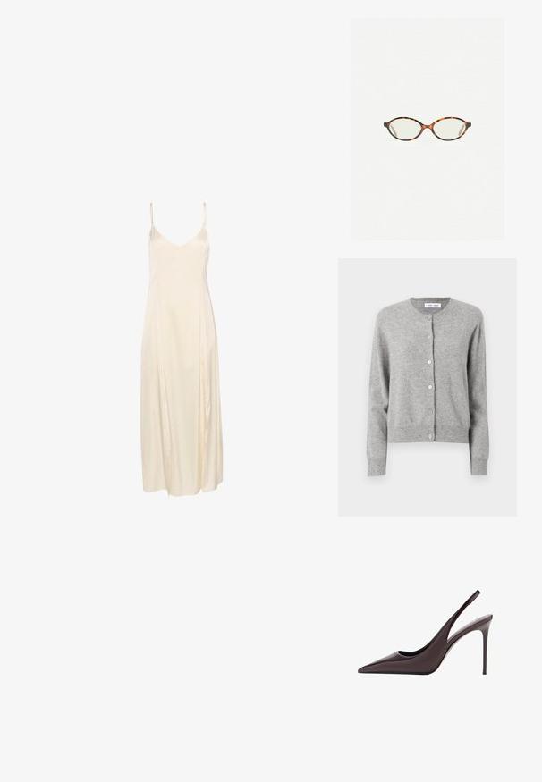 Graue Strickjacke aus weichem Material, mit rundem Ausschnitt, langen Ärmeln und Knopfverschluss vorne. Schlichtes Design.; Ivory Satin-Nachtkleid mit dünnen Spaghetti-Trägern, einem tiefen V-Ausschnitt und einem fließenden, knöchellangen Design. Glatte Textur und minimale Nähte.; Burgunderfarbene Lackleder-Pumps mit hohem Absatz und Slingback in spitzem Design sowie schlankem Stöckelabsatz. Glatte Textur und minimalistisches Design.; Schildpatt-Eyegläser mit ovalen Gläsern und einer eleganten, glatten Oberfläche. Mit dünnen Seiten und einer subtilen Kurve an den Schläfen. Klare Gläser.