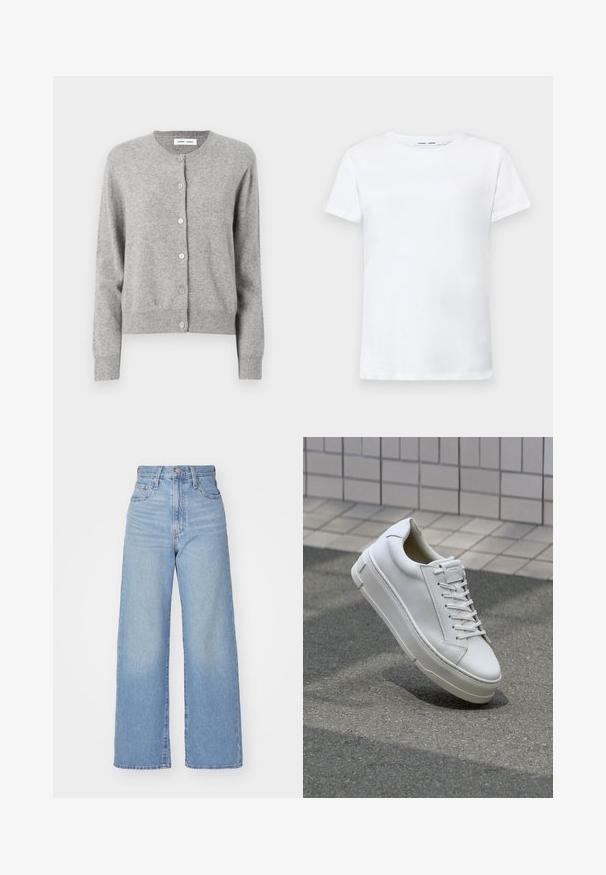 Pelēks kardigans, izgatavots no mīksta adījuma, ar apaļu kakla izgriezumu, garām piedurknēm un pogu aizdari priekšpusē. Vienkāršs dizains.; Balta īsām piedurknēm T-krekls, izgatavots no kokvilnas, ar apaļu kakla izgriezumu. Gluda tekstūra un taisna piegriezuma, bez rakstiem vai akcentiem.; Gaiši zili augstās jostas vidukļa platās bikses ar priekšējo pogu un rāvējslēdzēju, priekšējām un aizmugurējām kabatām uz baltā fona.; Baltas ādas sporta apavi ar zemu augšanas dizainu, plakaniem šņorēm, noapaļotu purngalu un teksturētām malām. Bieza gumijas zole ar smalkām akcentiem.