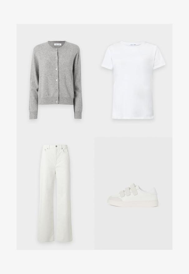 Grå cardigan laget av myk strikket stoff, med rund hals, lange ermer og knappelukking foran. Enkel design.; Hvit kortermet t-skjorte laget av bomull med rund hals-design. Glatt tekstur og rett snitt, uten mønstre eller detaljer.; Samsøe Samsøe SHELLY - Jeans relaxed fit - clear cream; Hvit sneaker med en glatt lær-overdel, tre borrelåsremmer på forsiden, rund tå og en chunky lyse farget gummi sole.