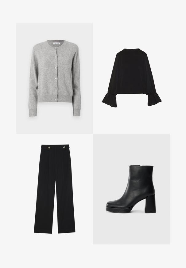 Szary kardigan wykonany z miękkiego materiału dzianinowego, z okrągłym dekoltem, długimi rękawami i zapięciem na guziki z przodu. Prosty design.; Czarny top z długim rękawem, z rozkloszowanymi mankietami, miękką fakturą i luźnym krojem, z prostym okrągłym dekoltem.; Czarne szerokie spodnie z wysokim stanem, z detalami w postaci guzików na pasku oraz plisami z przodu.; Czarne skórzane botki za kostkę z blokowym obcasem i platformą, widok z boku na białym tle.
