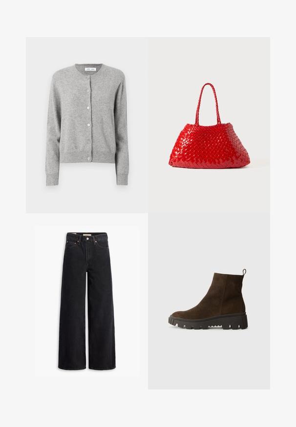 Siv kardigan iz mehkega pletenega materiala, z okroglim izrezom, dolgimi rokavi in gumbnim zapiranjem spredaj. Enostaven dizajn.; Svetlo modra dolgimi rokavi polo majica z vodoravnimi sivo-belimi črtami in ovratnikom.; Črne široke jeans hlače iz denima, ki vsebujejo pet žepov, bakrene zakovice in klasično zapiranje na gumb. Gladka tekstura z čistim dizajnom.; Rjavi zamšasti gležnjarji z debelim črnim gumijastim podplatom, ki imajo rahlo peto in zanka na hrbtni strani za lažno obuvanje.; Rdeča pletena torbica z sijočo površino, ki ima pletene ročaje. Edinstvena trikotna oblika in teksturirana površina z gostim vzorcem.