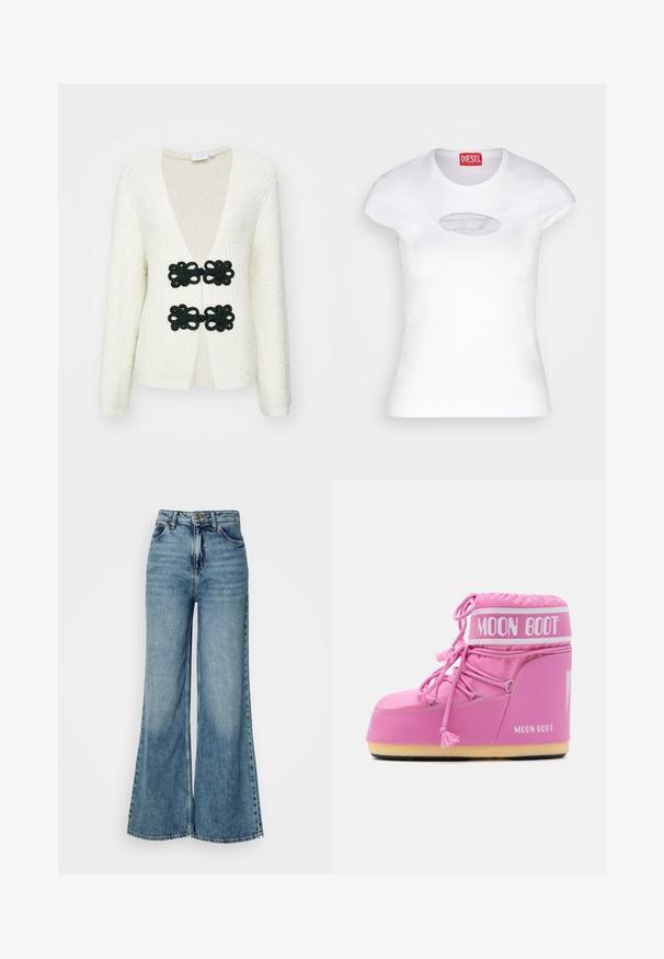 Valge kootud kardigan sügava V-kaelusega ja kahe musta heegeldatud lille kinnitusega. Pikkade varrukatega, tekstuuriga kangas ja avatud esiosa disain.; Valge sobiv t-särk, mis on valmistatud puuvillast, ümarate krae ja lühikeste varrukatega, esiküljel on helesinine brodeeritud logo.; Korkealiivilised, helesinised laiad teksad esi-taskutega ja nupuga sulgemisega, esitatud lihtsa valge tausta ees.; Roosa Kuu Saapad kõrge säärega, tekstuuriga kangast, dekoratiivsete nööride ja bränditud rihmaga. Omab vastupidavat talla stabiilsuse tagamiseks.