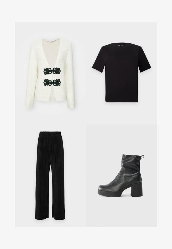 Hvit strikket cardigan med dyp V-hals og to runde svarte heklede blomstlås. Lange ermer, strukturert stoff, og åpen frontdesign.; Svart t-skjorte med korte ermer og rund hals, laget av mykt bomullsstoff. Enkelt design, ingen synlige logoer eller mønstre.; Sorte plisserte bukser med elastisk midje. Har vide ben og et glatt, strukturert stoff med vertikale striper.; Svarte ankelstøvler laget av glatt lær, med glidelås på siden, chunky strukturert hæl, og rund tå-design.