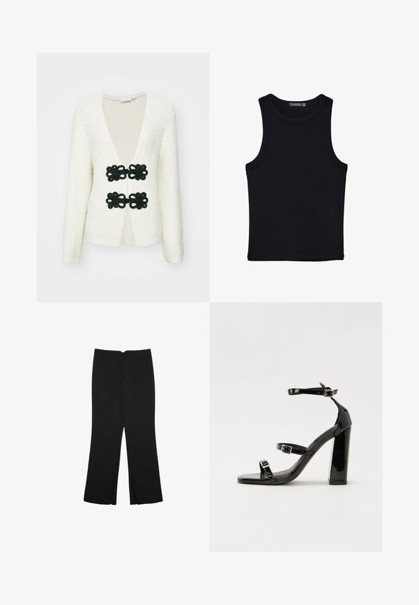 Bela pletena kardigan s globokim V-izrezom in dvema okroglima črnima kvačenima cvetličnima zap Closure. Dolgi rokavi, teksturiran material in zasnova s odprtim sprednjim delom.; Črna majica brez rokavov iz bombaža, z okroglim izrezom in širokimi odprtinami za roke. Gladka tekstura s šivi na robovih. Klasičen, minimalističen dizajn.; Črne hlače ravnega kroja z naglavnimi žepi in stranskimi razporki na robu. Narejene iz mehke, gladke tkanine. Primerne za različne priložnosti.; Črne lakaste sandale z visokimi petami, z dvema trakovoma z zaponkama, kvadratnim sprednjim delom in masivno širšo peto, z gladko, sijočo teksturo.