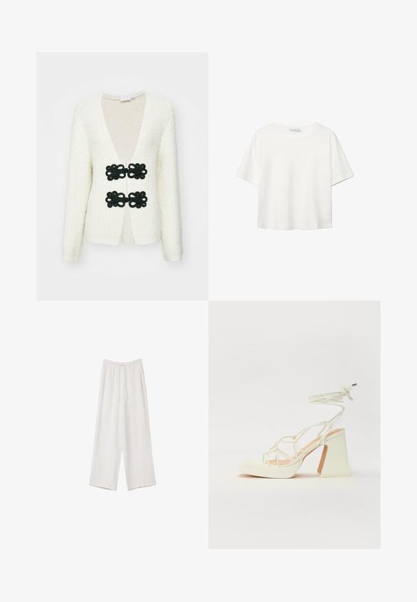Bílý pletený kardigan s hlubokým V výstřihem a dvěma kulatými černými háčkovanými kosticemi ve tvaru květu. Dlouhé rukávy, texturovaná látka a otevřený design vepředu.; Bílý krátký rukáv tričko vyrobené z bavlny. Má kulatý výstřih a volný střih. Hladký materiál bez viditelných vzorů nebo akcentů.; Bílé široké kalhoty vyrobené z lehké tkaniny. Mají elastický pas se šňůrkou a boční kapsy. Hladká textura.; Bílé sandály na vysokém podpatku s robustním podpatkem, s designem s pásky a zavazováním kolem kotníku. Hladký povrch s platformou vpředu pro zvýšení výšky.