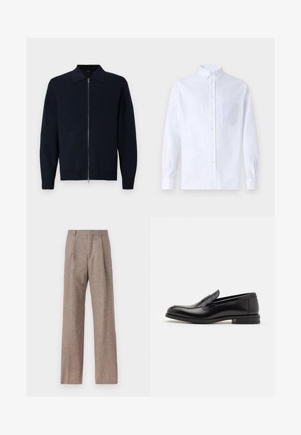 Laivaston sininen neulecardigan, jossa on vetoketjukiinnitys, rakenteellinen kaulus, ribattu hihansuut ja helma. Pehmeä pinta yhdistää tyylikkään ja modernin muotoilun.; Valkoinen pitkähihaista napillista paitaa, joka on valmistettu puuvillasta. Paita sisältää rinnan kohdalla taskun, jossa on samaa sävyä oleva brodeeraus, kauluksen sekä napilliset hihansuut.; Ruskejat, korkeavyötäröiset housut, jotka on valmistettu teksturoidusta kankaasta. Ominaisuuksina ovat leveät lahkeet ja kaksi etupuolelle ommeltua laskosta rakenteen tukemiseksi. Siisti viimeistely ilman näkyvää metalliosaa.; Mustat nahkakengät, joissa on sileä pinta, pyöreä kärki ja koristeellinen nauha jalkapöydän yli. Matala pinoitu koroke, minimalistinen muotoilu.