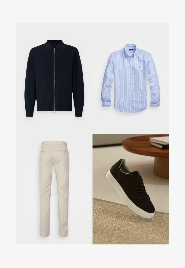 Tumši zilas krāsas adīta jakas ar rāvējslēdzēju, strukturētu apkakli, ribota piedurkņu un apakšmalu. Mīksta tekstūra ar gludu, modernu dizainu.; Zila un baltā svītru garām piedurknēm krekls izgatavots no kokvilnas, ar pogājamu apkakli, priekšējām pogām un nelielu izšūtu logotipu uz krūtīm.; Bežīgas bikses ar gludu tekstūru, taisnas kājas, divas aizmugurējās kabatas ar pogām un standarta jostas vietu.; Melni sporta apavi ar baltu zoli, kas peld virs bēša tekstūrēta paklāja netālu no apaļa koka galda ar sakrautiem grāmatām.