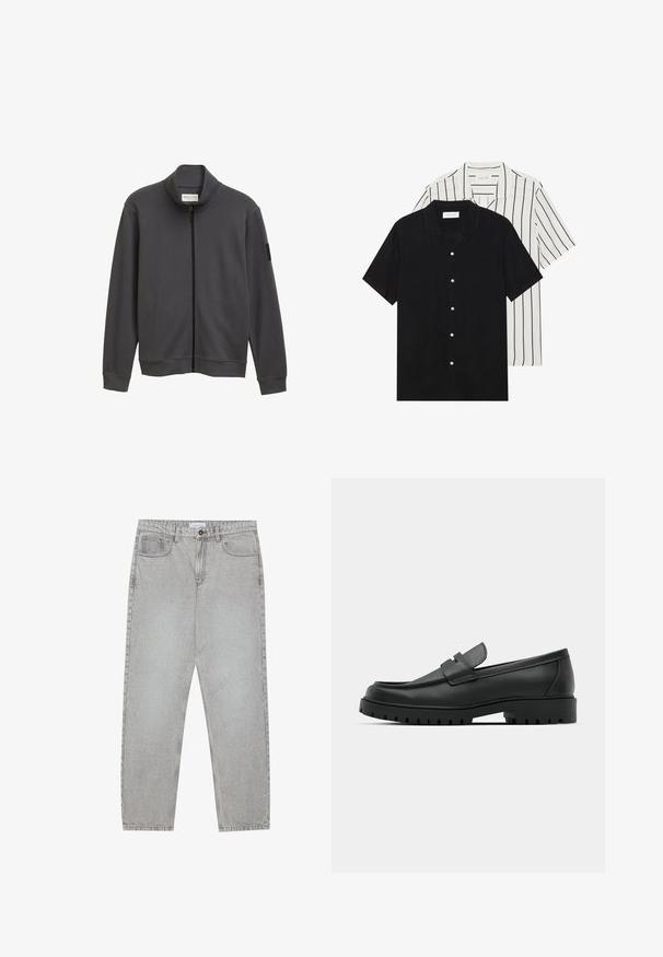 Tumši pelēks jaciņa ar rāvējslaidi, augstu apkakli, garām piedurknēm, ribotām aprocēm un mīkstu tekstūru. Uz kreisās piedurknes ir uzlīme.; Divi īsām piedurknēm krekli: viens pilnīgi melns, otrs balts ar melnām vertikālām svītrām. Abi ir aprīkoti ar pogu aizdari un klasisko apkakli.; Gai pelēko džinsu bikses ar taisnajām kājām, piecu kabatu stilu un pogu aizdari. Redzama šuvju apstrāde gar šuvēm.; Melnas ādas loafers ar noapaļotu purngalu, ar izšūtu dizainu, zemu platformas zoli un teksturētu, rievotu gumijas ārējo zoli.