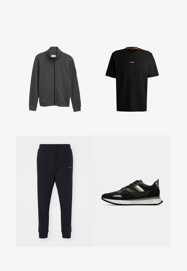 Sötétszürke, cipzáros dzseki magas gallérral, hosszú ujjakkal, bordázott mandzsettákkal és puha textúrával. Az egyik ujján folt található.; Fekete pamut póló kerek nyakkivágással, rövid ujjakkal és fehér „BOSS” logóval a mellkas közepén. Simaság jellemzi, laza szabású.; Fekete melegítőnadrág, puha anyagból, elasztikus derékkal, zsinórral és szűkülő lábakkal. Oldalt egy kis logó található.; Fekete futócipő, texturált felülettel, világosszürke díszítésekkel és három északi csíkkal barnában. Fehér párnázott talpával rendelkezik.