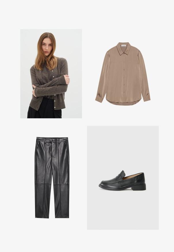 Hnedý vlnený kardigán s okrúhlym výstrihom, predným zapínaním na gombíky a rebrovanými manžetami. Nosený cez zodpovedajúci top, spolu s čiernymi nohavicami.; Dlhý rukáv blúzka v taupe saténe s špicatým golierom, predným zapínaním na gombíky a zaobleným lemom. Hladká textúra a priliehavý strih.; Čierne kožené nohavice s hladkou textúrou, rovného strihu, s dvoma prednými vreckami a viditeľným švom.; Čierne kožené mokasíny s nízkym podpätkom, s prešívaným dizajnom a voľným štýlom obúvania, na jednoduchom bielom pozadí.