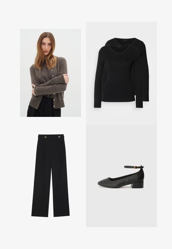 Smeđa vuna kardigan s okruglim izrezom, dugmadi sprijeda i rebrastim manžetama. Nositi preko odgovarajuće majice, u kombinaciji s crnim hlačama.; Dva crna majice dugih rukava s V-izrezom, izrađene od mekanog, rastezljivog materijala, s glatkom teksturom i prilagođenim oblikom.; Crne hlače širokih nogavica s visokim strukom, s dugmadi na pojasu i prednjim nabora.; Crne kožne pumpe s oštrim vrhom i niskom blok petom. Sadrže remen oko gležnja s zlatnim kopčanjem. Glatka tekstura.