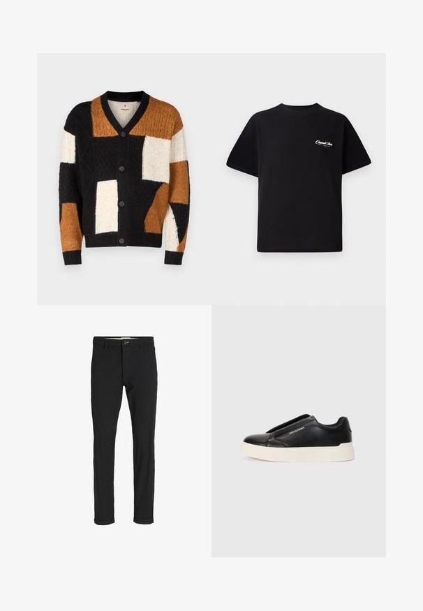Strikkekardigan med en blanding av svart, hvit og brun farge, med geometriske lappemønstre og fem knapper. Strukturert stoff.; Svart bomull t-skjorte med rund hals, korte ermer og liten hvit logo-tekst på venstre bryst. Enkel design, klassisk passform.; Svart bomullsblandingsbukser med smal passform, med knappelukking, lommer og rullede mansjetter for en avslappet finish.; Sorte slip-on joggesko med teksturert læroverdel, hvit gummisåle og ingen synlige snører. Har merkevarelogo på siden.