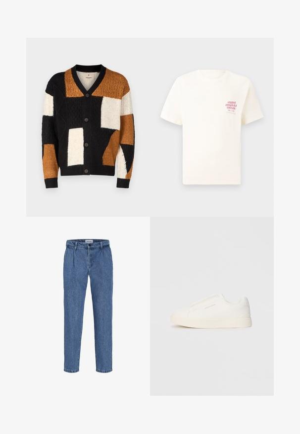 Cárdigan de punto que presenta una mezcla de colores negro, blanco y marrón con patrones geométricos de parchado y cierre de cinco botones. Tejido texturizado.; Camiseta blanca de manga corta con el texto rojo "Edición de Studio Originals" en el lado izquierdo del pecho, exhibida sobre un fondo gris neutro.; Pantalones de mezclilla azul claro con un corte relajado, presentan una cintura alta, dos pliegues frontales y un dobladillo con vuelta. Cierre simple de botón y cremallera.; Zapatillas blancas tipo slip-on con una superficie texturizada, suela gruesa y diseño minimalista. Presenta el logo de la marca en un lado.