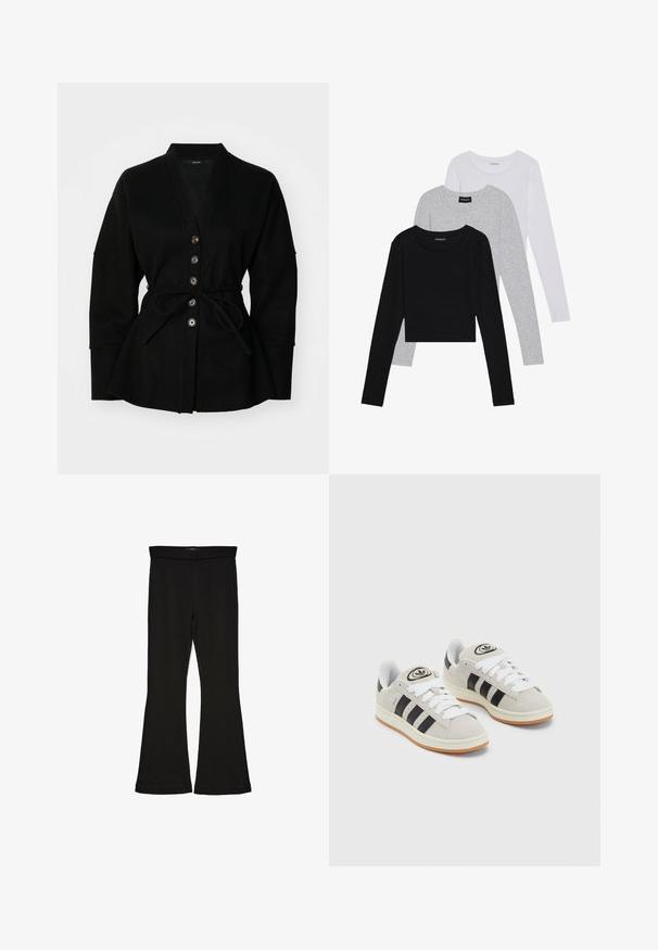 Svart cardigan med V-hals, knapplukking og knyttet belte. Har en myk tekstur og vide ermer, som skaper en avslappet silhuett.; Tre lange ermer t-skjorter stablet: svart, grå og hvit. Hver har en rund hals og et kort design med glatt, lett stoff.; Sorte flared leggings laget av stretchy stoff. Har en bred midjebånd og en glatt tekstur, med en tettsittende silhuett som blir videre nedover.; Grå semsket sneakers med hvite lisser, svarte striper og en hvit gummisåle. Har en sirkulær logo på tungen og en gummisåle.