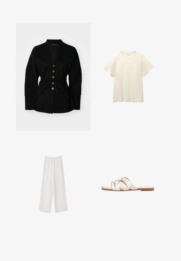 Černý kardigan s výstřihem do V, zapínání na knoflíky a zavazovací pás. Má hebkou texturu a široké rukávy, což vytváří uvolněný siluetu.; Svetle béžové tričko s krátkým rukávem a kulatým výstřihem, vyrobené z jemné, hladké tkaniny. Má uvolněný střih a rovný lem.; Bílé široké kalhoty vyrobené z lehké tkaniny. Mají elastický pas se šňůrkou a boční kapsy. Hladká textura.; Ploché sandály s hnědou gumovou podrážkou, navržené se třemi překrývajícími se bílými koženými řemínky a malým mašlí uprostřed.