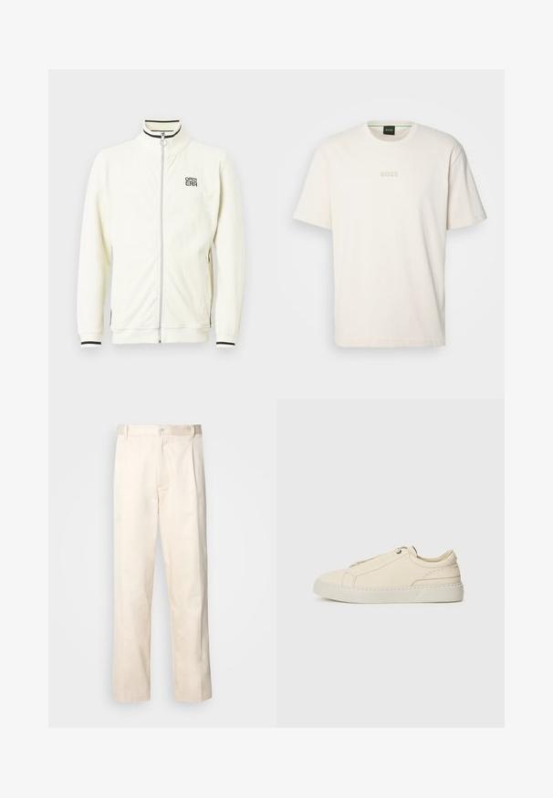 Jachetă albă cu fermoar și model reiat, guler înalt, cu accente negre dungi și logo-ul „OPEN ERA” pe piept. Textură moale și manșete ajustate.; BOSS TEE - Tricou basic - open white; Pantaloni din bumbac bej, cu croială dreaptă, dotati cu închidere cu nasture și pliuri în față pentru un plus de detaliu.; Adidași din piele bej cu vârful rotunjit, design minimalist, detalii subtile de cusătură și un superior texturat, pe o talpă deschisă.