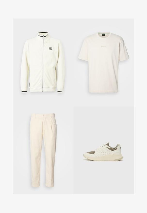 Vit ribbad zip-up-jacka med hög krage, med svarta randiga detaljer och "OPEN ERA"-logotyp på bröstet. Mjuk textur och figursydda muddar.; BOSS TEE - T-shirt - bas - open white; Krämfärgade bomullsbyxor med raka ben, featuring frontveck, knäppning med knapp och sidofickor. Slät textur.; Vit och ljusbeige atletisk sneaker med ett meshöverdrag, perforerade detaljer och en texturerad mellansula med varumärke på hälen.