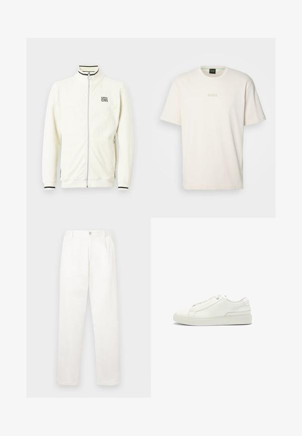 Weißes, geripptes Reißverschluss-Jackett mit hohem Kragen, schwarzem Streifendetail und "OPEN ERA"-Logo auf der Brust. Weiche Textur und enganliegende Bündchen.; BOSS TEE - T-Shirt basic - open white; Weiße Hose aus glattem Gewebe, mit geradem Bein, Vorderfalten und einem einzelnen Knopfverschluss an der Taille.; Weiße Leder-Sneaker mit strukturierter Oberseite, runder Zehenform, minimalistischem Design und Gummisohle mit gestickten Details.