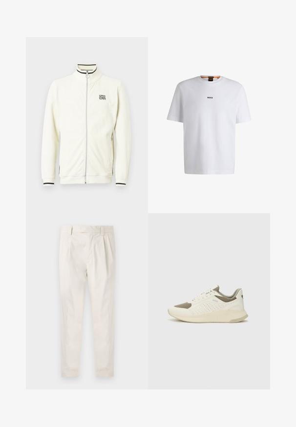 White ribbed zip-up jacket with high collar, featuring black striped accents and "OPEN ERA" logo on the chest. Soft texture and fitted cuffs.; White cotton T-shirt with short sleeves, featuring a black "BOSS" logo centered on the chest and a round neck design.; White, pleated trousers with a tailored fit, featuring a smooth texture, belt loops, and tapered legs. No visible pockets or patterns.; White and light beige athletic sneaker, featuring a mesh upper, perforated detailing, and a textured midsole with branding on the heel.