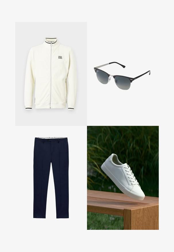 Hvid ribstrikket lynlåstrøje med høj krave, med sortstribede accenter og "OPEN ERA"-logo på brystet. Blød tekstur og tætsiddende manchetter.; Hvide kortærmede t-shirts stablet, lavet af bomuld. Har en rund hals og en lige pasform. Stoffet ser glat ud uden mønstre.; Mørkeblå bukser med slim fit og nålestribet mønster. Har lynlåsgylf, bæltestropper og forlommer. Glat stofstruktur.; Hvide snørresneakers svævende over en træbænk med grønne planter i baggrunden, der fremhæver skodesign og tekstur.; Sorte og sølv solbriller med katteøje-form, gradient linser og metalliske detaljer på rammen. Plastiske arme med grå spidser.