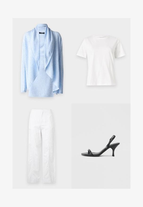 Repeat Jopica - sky; Bela bombažna majica s kratkimi rokavi, okroglo izrezana in ohlapnega kroja. Gladka tekstura, brez vzorcev ali dodatkov, minimalističen dizajn.; Bela široka hlače iz lahkega materiala, ki se ponašajo z gladko teksturo, čistimi linijami in visokim pasom.; Črne usnjene visoke sandale s tankim, ukrivljenim petam in obliko križanih trakov. Nastavljiv trak okoli gležnja. Gladka tekstura.