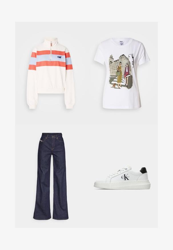 Witte sweatshirt met een hoge kraag, voorzien van rode en lichtblauwe horizontale strepen en een rits aan de voorkant. Logo weergegeven op de linkerborst.; Witte katoen T-shirt met een geprinte illustratie van twee vrouwen in urban mode stijlen met een hond op een zebrapad en stadsgebouwen.; Donkerblauwe wijde jeans van denimstof met een hoge taille, voorzien van oranje stiksels, een vijf-pocket ontwerp en een knoopsluiting.; Witte lage sneaker met zwarte hiel tab, plateauzool, veters en Calvin Klein "CK" logo aan de zijkant.