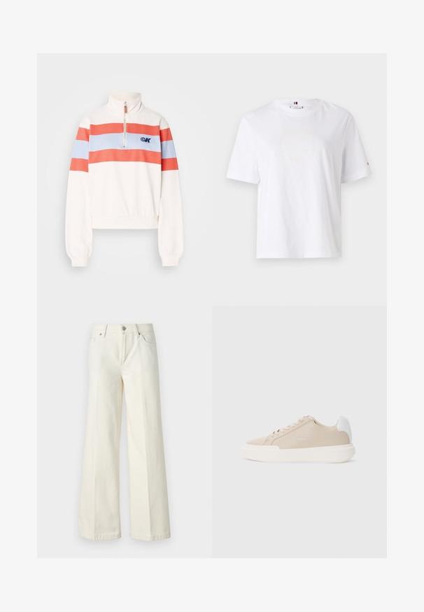 Valge jakiga sweatshirt kõrge kaelusega, millel on punased ja helesinised horisontaalsed triibud ning eesne talje. Logo on vasakul rinnal.; Valge puuvillane T-särk ümarate kaelaaukude, lühikeste varrukate ja peene kollase logoga, millel on tekst "HILFIGER NEW YORK 1985". Tavaline lõige.; Laiad valged teksad, mis on valmistatud puuvilla segust. Omavad lukuga eesmist sulgemist, viie taskuga disaini ning õmblusi pükste saemetes.; Bež nahkkingad, millel on valge tagumine aksent, lame valge tall ja toon-toonis niit, koos logodetailiga külje peal.