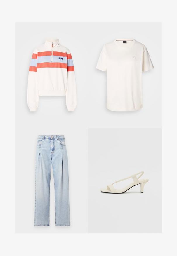 White sweatshirt with a high collar, featuring red and light blue horizontal stripes and a front zipper. Logo displayed on the left chest.; White cotton t-shirt with short sleeves, round neckline, and a small logo on the chest. Smooth texture and straight hemline.; Light blue denim jeans with a high waist, wide-leg cut, two side pockets, and pleated design feature. Soft texture with a faded finish.; Beige block-heeled sandals with thin straps and a square toe. Smooth material with minimal detailing, designed for easy wear.