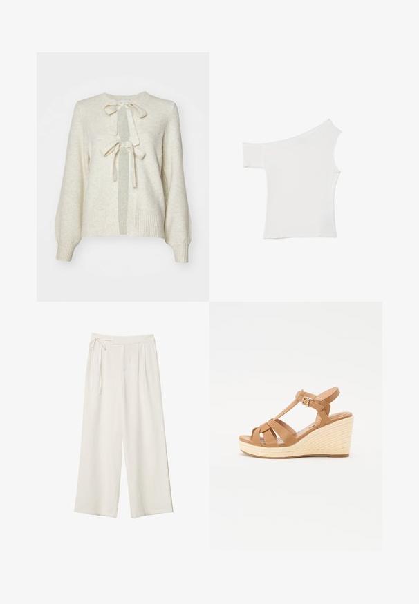 Ljusbeige tröja med rund halsringning, som har två framåtböjda knytband, ribbade muddar och en mjuk textur. Tröjan har en öppen framtill-design.; Asymmetrisk vit topp i mjukt tyg, med en kort ärm och en off-shoulder design, med ett rent och minimalistiskt utseende.; Vidbenade byxor i off-white tyg med en mjuk textur. Har en knytt midja och plisserad framdel, designade för en avslappnad passform.; Bruna kilklackssandaler med tvärband, justerbart ankelsläp och en texturerad vävd espadrillo-kil.