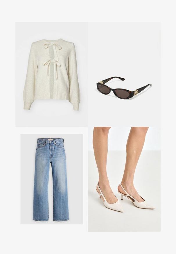 Lys beige genser med rund hals, med to frontsløyfer, ribbede mansjetter og en myk tekstur. Genseren har en åpen frontdesign.; Langermet turtleneck topp i en lys beige farge. Laget av mykt, elastisk stoff med en avslappet passform og en brett-over halsutringning.; Lys blå denim vidbenede jeans med høj talje, falmede områder, fem lommer og kontraststikning. Klassisk knap- og lynlåslukning.; Beige patent lærstøvletter med spidse tå og 5 cm hæl, med udskårne sider og en tynd ankelrem.; Skilpadde-solbriller med avlange ovale linser, brun tint, gull-logo aksenter på stengene og elegante svarte armer.; Bølget kremfarget skinnhåndveske med én stropp, gullfargede detaljer og subtil merkevaretsing nederst. Glidelås lukking langs den øverste kanten.
