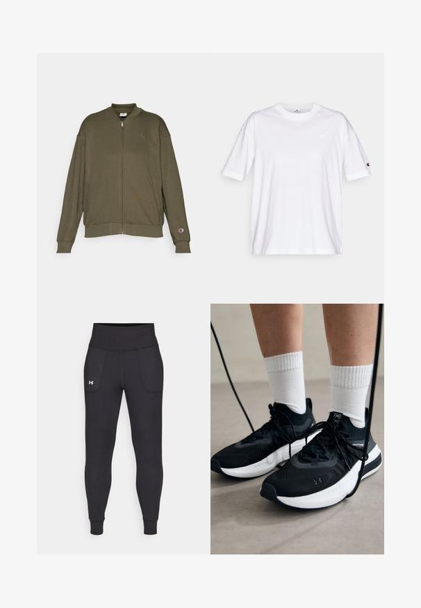 Olīvzaļš zip-up džemperis, izgatavots no mīksta auduma, ar stāvošu apkakli, divām sānu kabatām un mazu logo uz krūts.; Balts kokvilnas T-krekls ar apaļu kakla izgriezumu, īsām piedurknēm un mazu logo kreisajā krūtī. Iezīmējas ar brīvu piegriezumu un viendabīgu krāsu.; Melnas sporta legingi, kas izgatavoti no stiepjama materiāla, ar augstu jostasvietu, sānu kabatām un pieguļošiem anklets.; Melni sporta apavi ar strukturētu audumu, balta zole un melni šņores. Valkāti ar baltām ribotām zeķēm, stāvot uz gaišas virsmas.