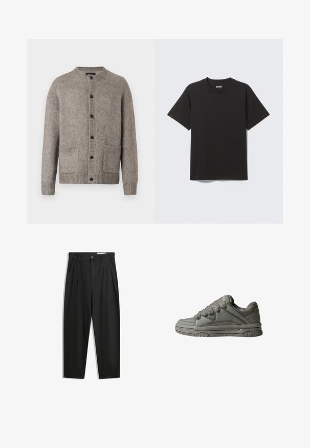 Ljusgrå cardigan tillverkad av mjuk ull, med rund halsringning, sex svarta knappar och två framsidor fickor. Texturerat stickat mönster.; Svart T-shirt med kort ärm i mjuk bomull, med rund halsringning och enkel design utan mönster eller detaljer.; Svarta bomullsshorts med avslappnad passform, med en klassisk midja, framveck och sidfickor. Slät textur utan mönster.; Grå atletisk sko med texturerat läder och mesh-överdel, tjockgummisulor, och framträdande vadderad plös och sidor. Snören och sidodetaljer ingår.