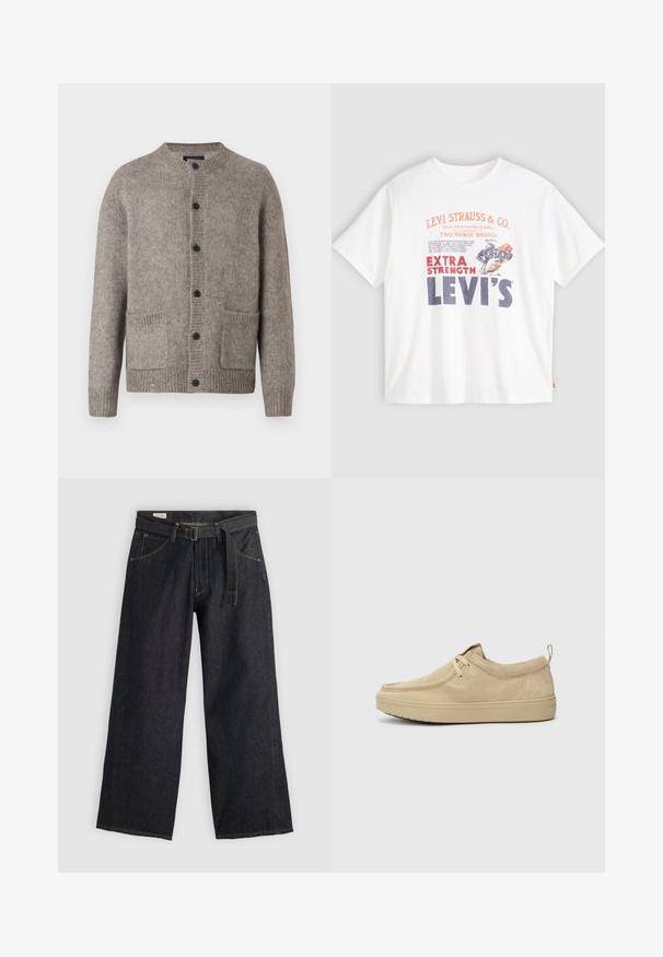 Light gray cardigan made of soft wool, featuring a round neckline, six black buttons, and two front pockets. Textured knit pattern.; White cotton t-shirt featuring front graphic text in red and navy: "LEVI STRAUSS & CO." and "EXTRA STRENGTH LEVI'S" with a horse illustration.; Dark denim wide-leg pants with a belted waist, featuring front pockets and contrasting stitching. Smooth texture with a clean design.; Beige suede slip-on shoes with a rounded toe, minimal stitching, and a rubber sole. Soft texture with a subtle brand accent at the heel.