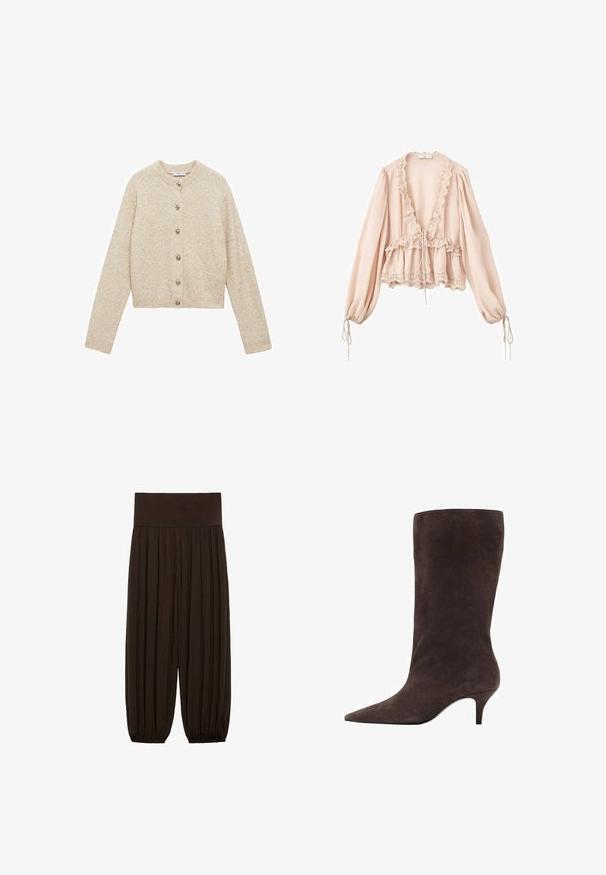Bež pletena jopica z okroglim izrezom, dolgimi rokavi in gumbi spredaj. Teksturirana tkanina s rahlo skrajšanim krojem.; Roza bluzica z dolgimi rokavi, naborkom na ovratniku, z vrvico v pasu ter čipkastim robom na manšetah in robu. Lahka, strukturirana tkanina.; Brahke klasične hlače z širokim elastičnim pasom. Tkanina je lahka in teksturirana, s nabranimi robovi na manšetah.; Rjave semiš škornje do kolen z ostrim nosom in srednje visokim peto, ki se ponašajo z gladko teksturo in elegantnim dizajnom.