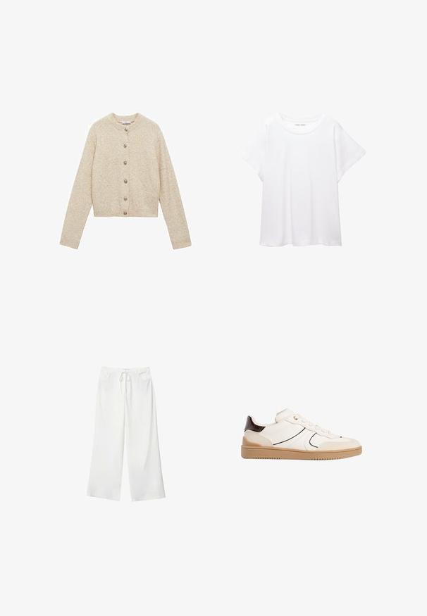 Bež pletena jopica z okroglim izrezom, dolgimi rokavi in gumbi spredaj. Teksturirana tkanina s rahlo skrajšanim krojem.; Bela majica s kratkimi rukavi, izdelana iz mehkega in lahkega blaga. Ima okroglo ovratnico ter kratke, široke rokave z udobnim krojem. Brez vidnih vzorcev.; Bela široka hlače iz mehkega materiala, z vrvico v pasu in dvema sprednjima žepoma. Gladek texture in brez vidnih vzorcev.; Stradivarius Športni copati - white